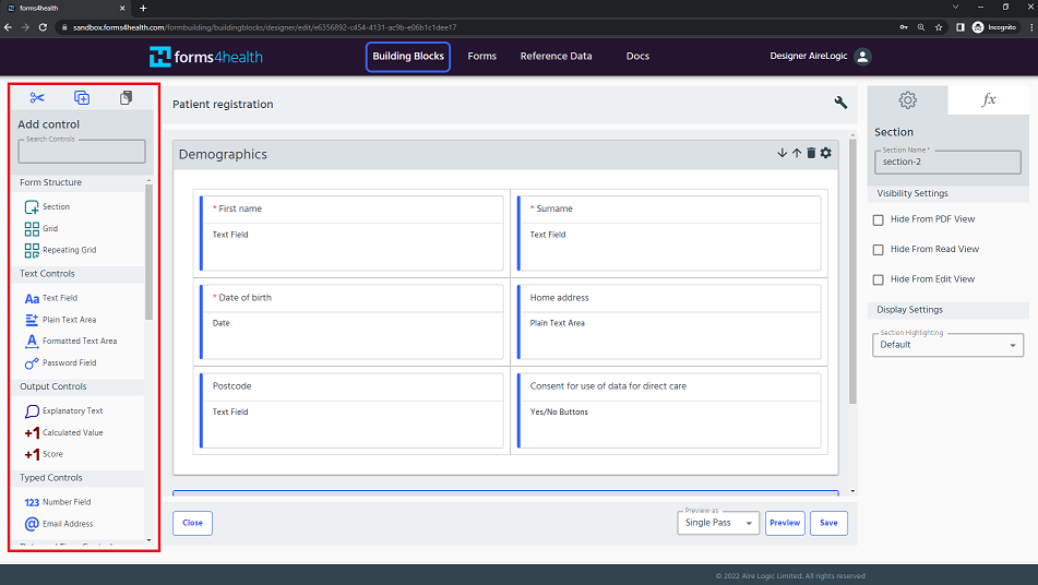 building block designer controls menu