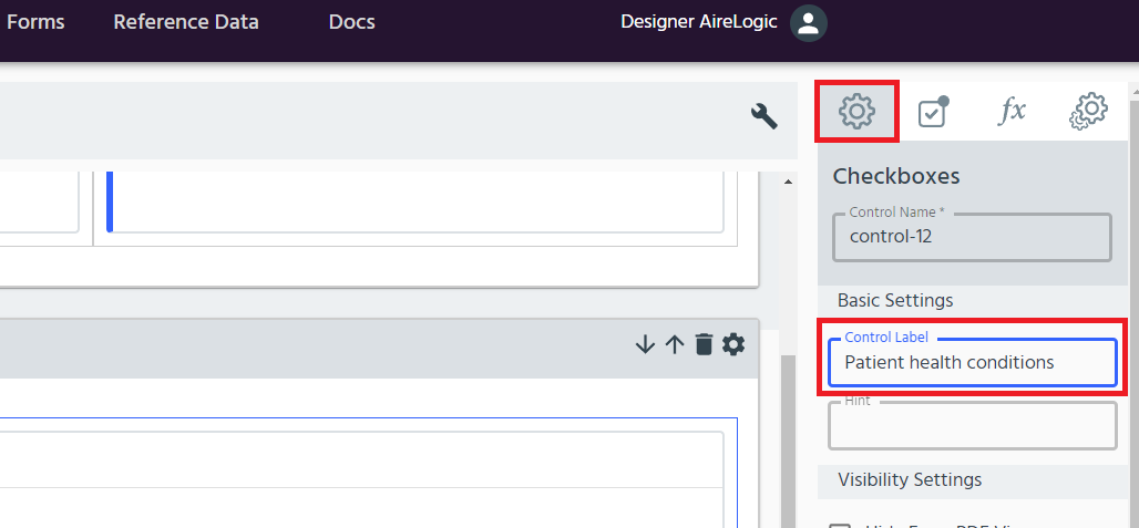 controls menu checkboxes label