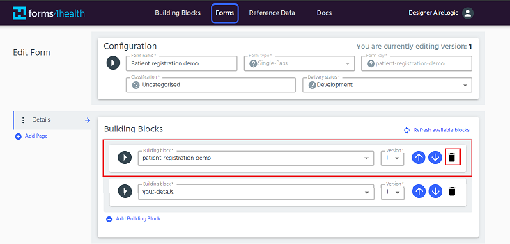 delete building block from form